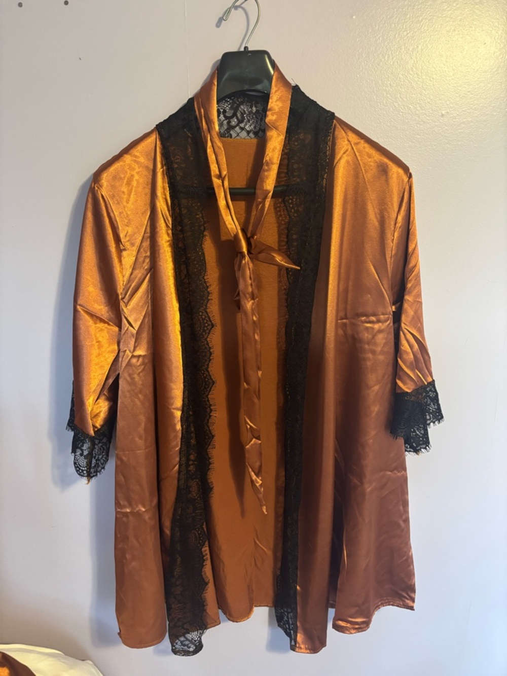 Satin Copper Robe with Black Lace Trim